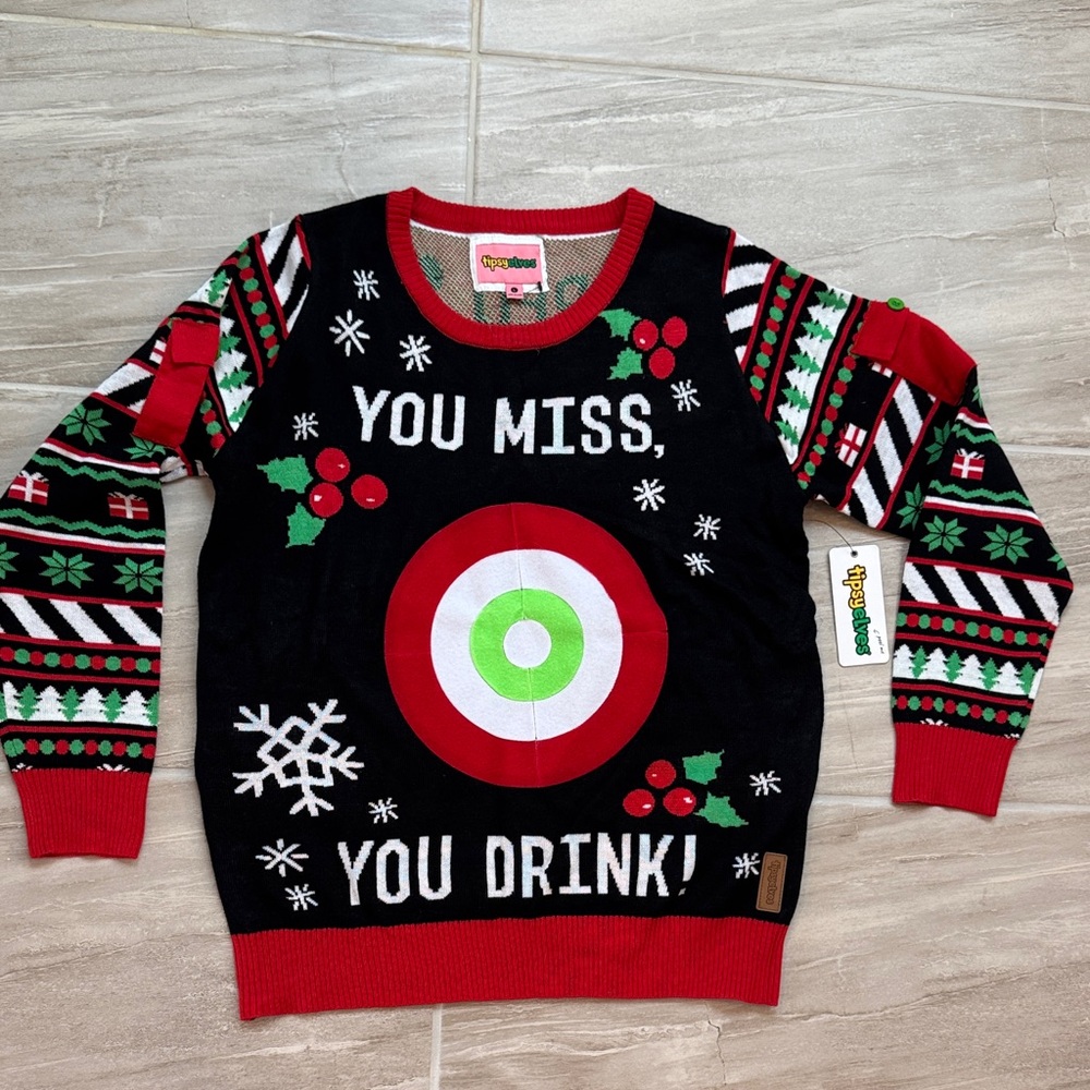 NWT Tipsy Elves Bullseye‎ Holiday Drinking Game Sweater Unisex Men's Large Party
